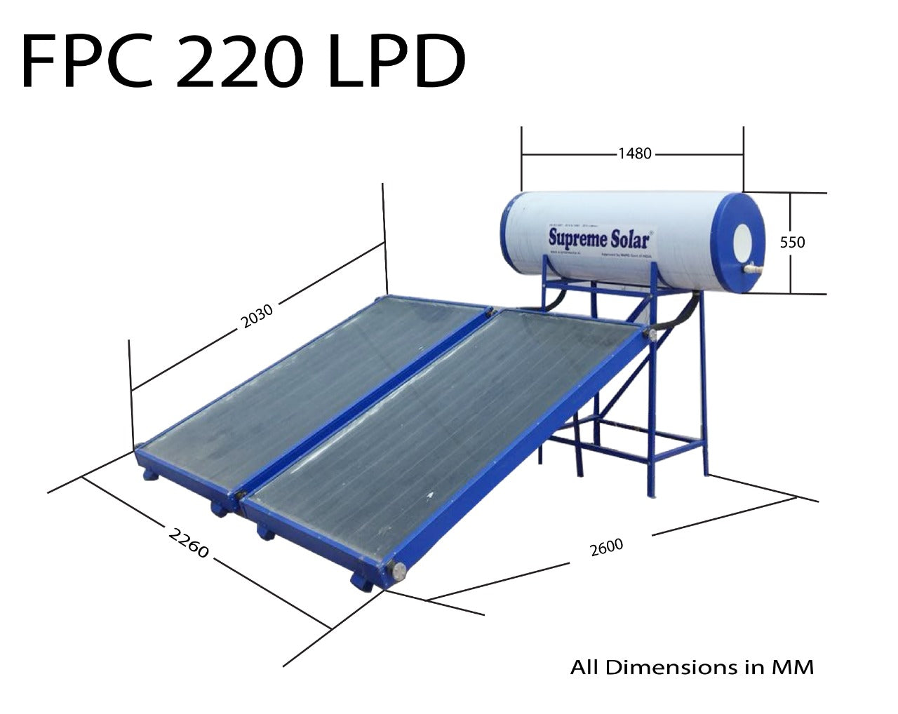 Supreme GL FPC 220 LPD (PC) - Solar Water Heater- 1 Year Guarantee - Solar World