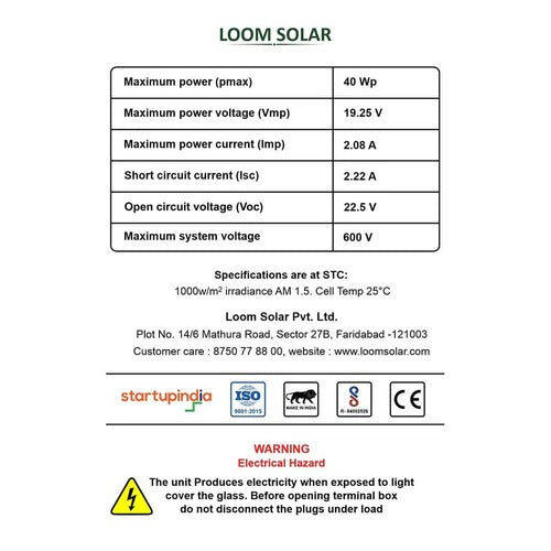 Loom Solar Panel 40 watt/ / Poly Crystalline - 25 Years Warranty - Solar World
