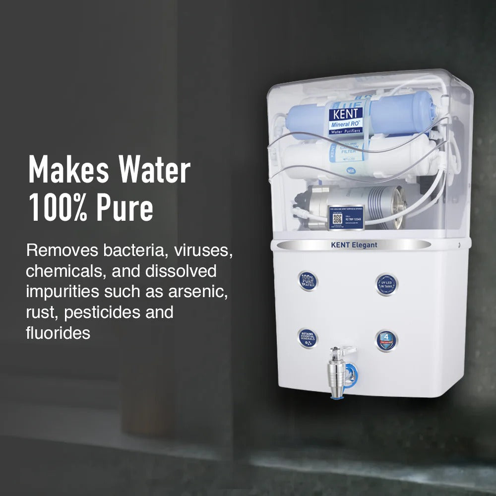 Kent Elegant RO Water Purifier 8L Tank RO+UV+TDS Control+UV LED Tank White