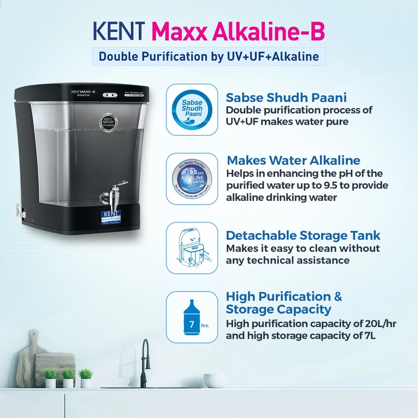 Kent Maxx Alkaline UV Water Purifier (111149B) 7L Storage Tank UV+UF+ Alkaline Double Purification