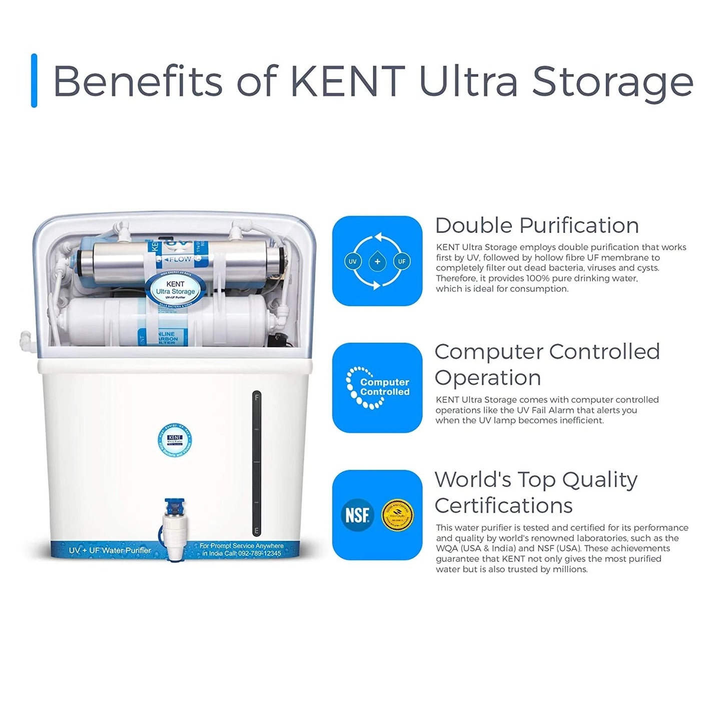 Kent Ultra Storage UV Water Purifier (111042) 8L Storage Tank UV+UF Double Purification