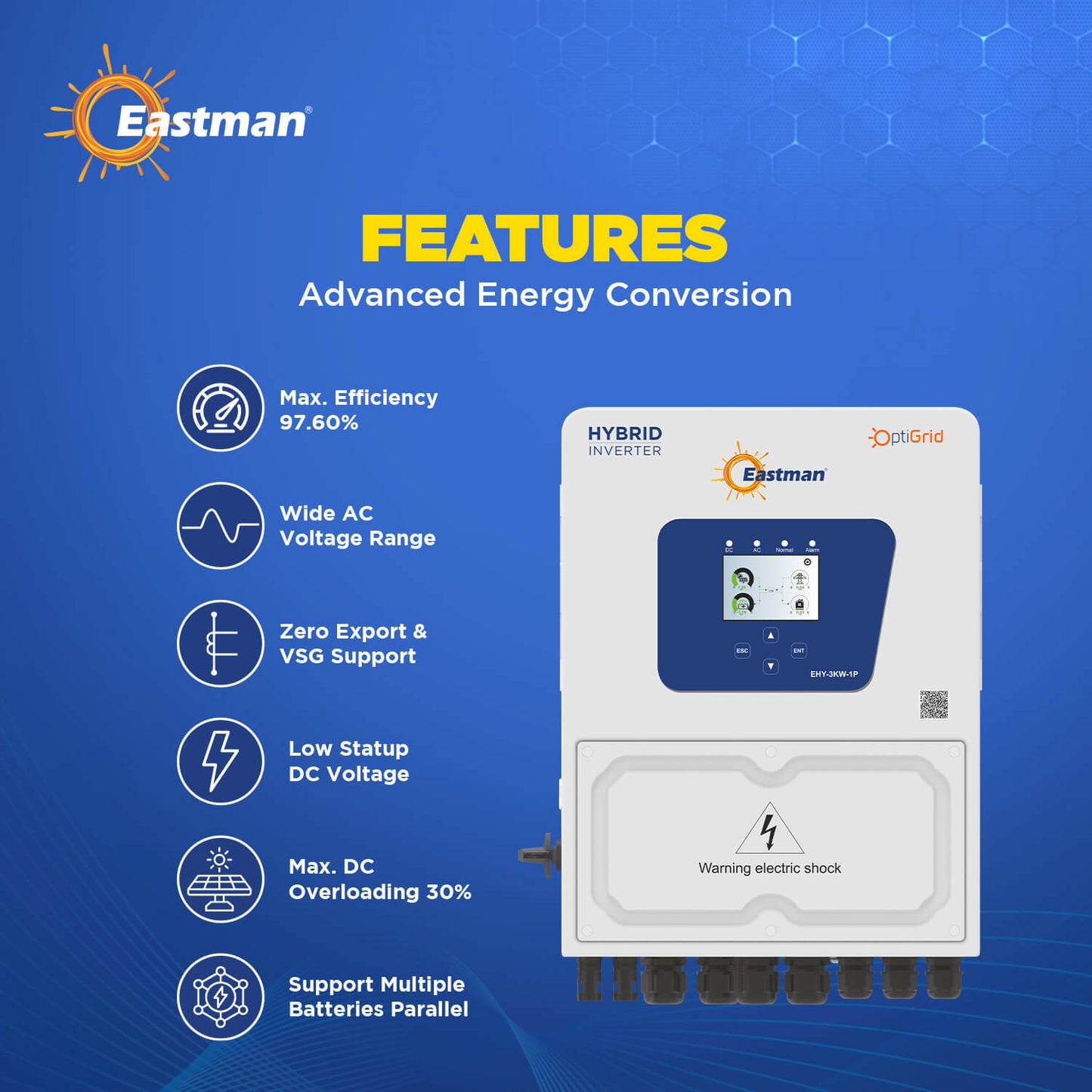 Eastman Solar Hybrid Inverter Optigrid EHY-10KW-3P 48Volt 2MPPT Three Phase