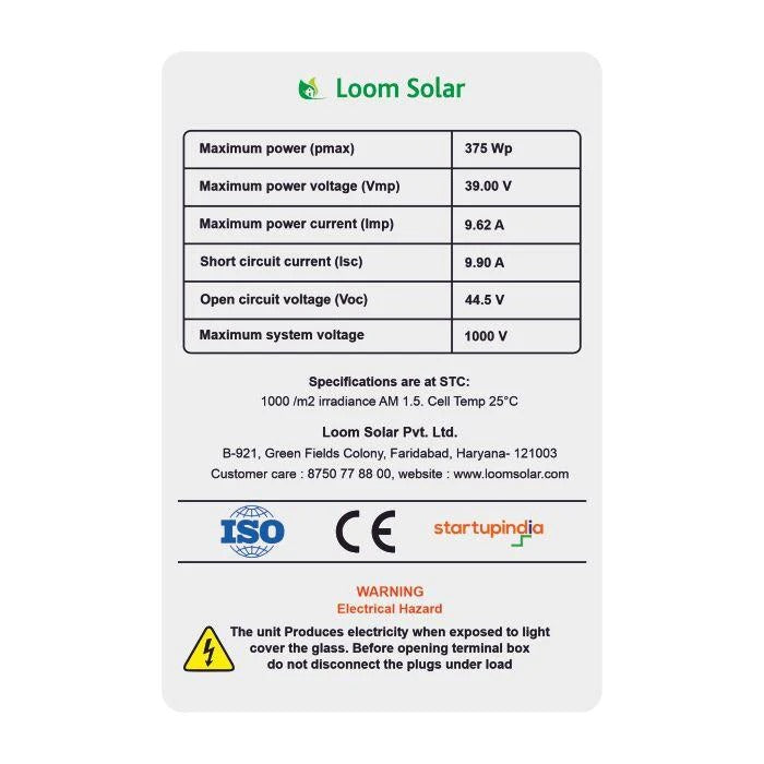 Loom Solar Panel 375 Watt / 24 Volt Mono Crystalline- 25 Years Warranty - Solar World