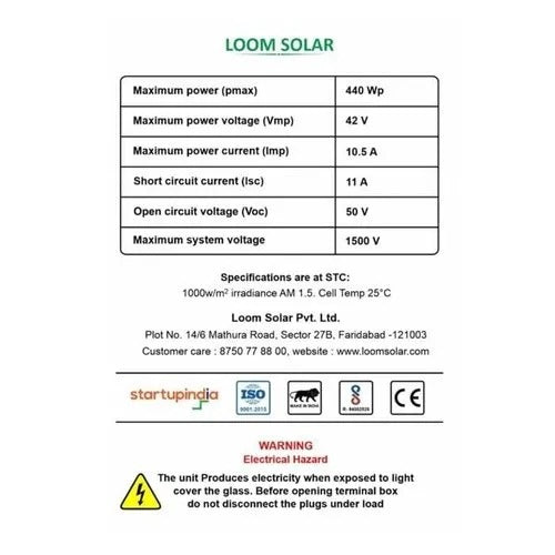 Loom Solar Panel 440 Watt / 24 Volt Mono Crystalline - 25 Years Warranty - Solar World